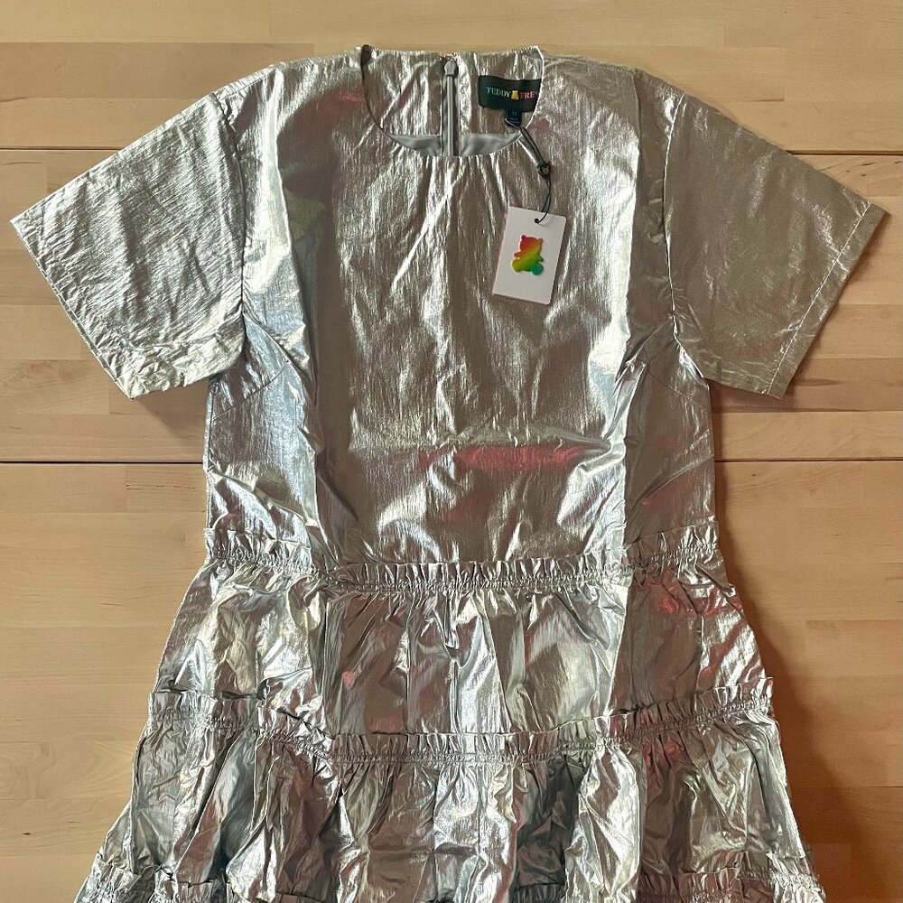Teddy Fresh Women's Silver Linings Metallic Tiered Prom Dress sz Medium NWT NEW